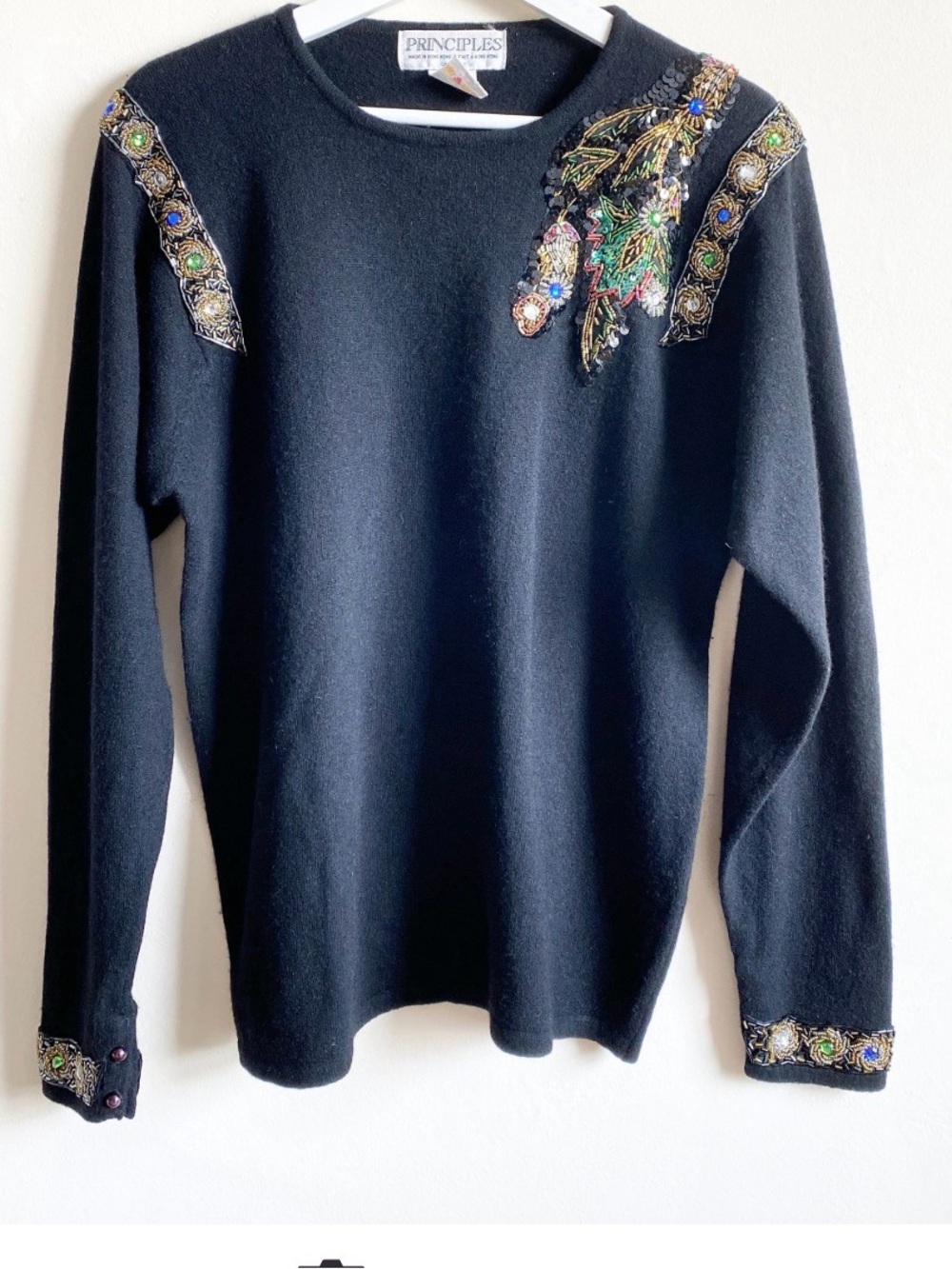 Principles Black Embellished Crewneck Sweater Wool 80s 90s Vintage